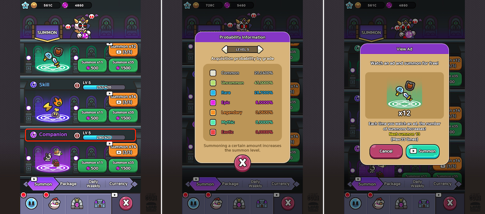 The progressive summon gachas offer three types of items that are a vital part of the power progression vectors.