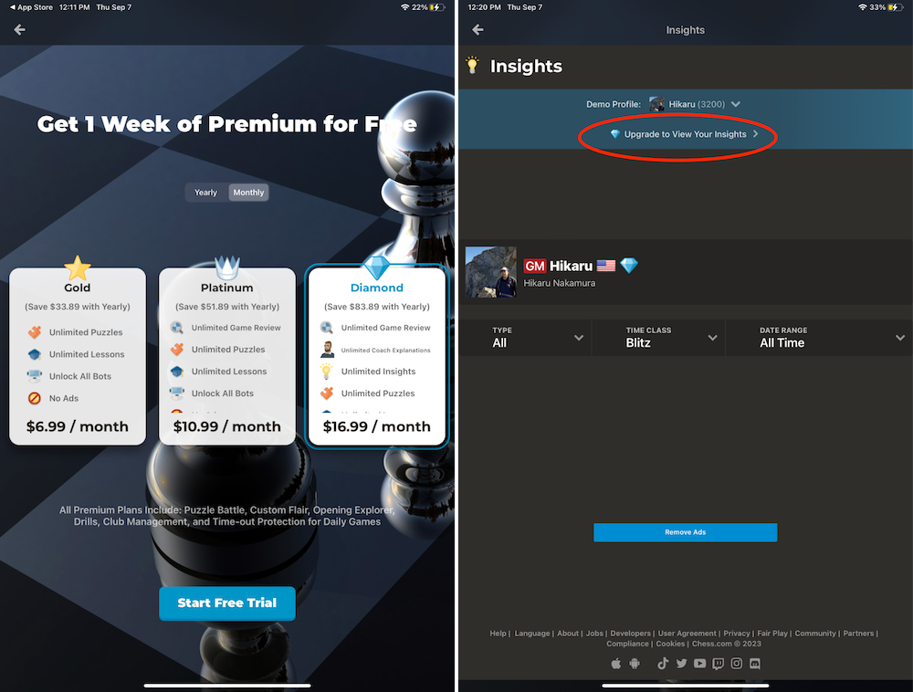 Chess is monetized through paid subscription plans