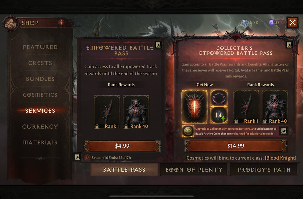 Diablo Immortal features an exclusive store with discontinued battle pass rewards