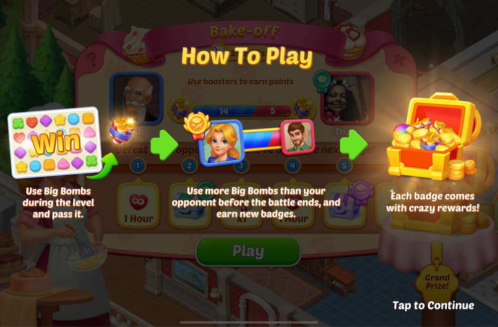 In the Bake-Off event, players compete against an opponent to see who can use the most boosters in normal Match3 levels within a set time limit. The winner will move on to the next stage and be matched against another random opponent
