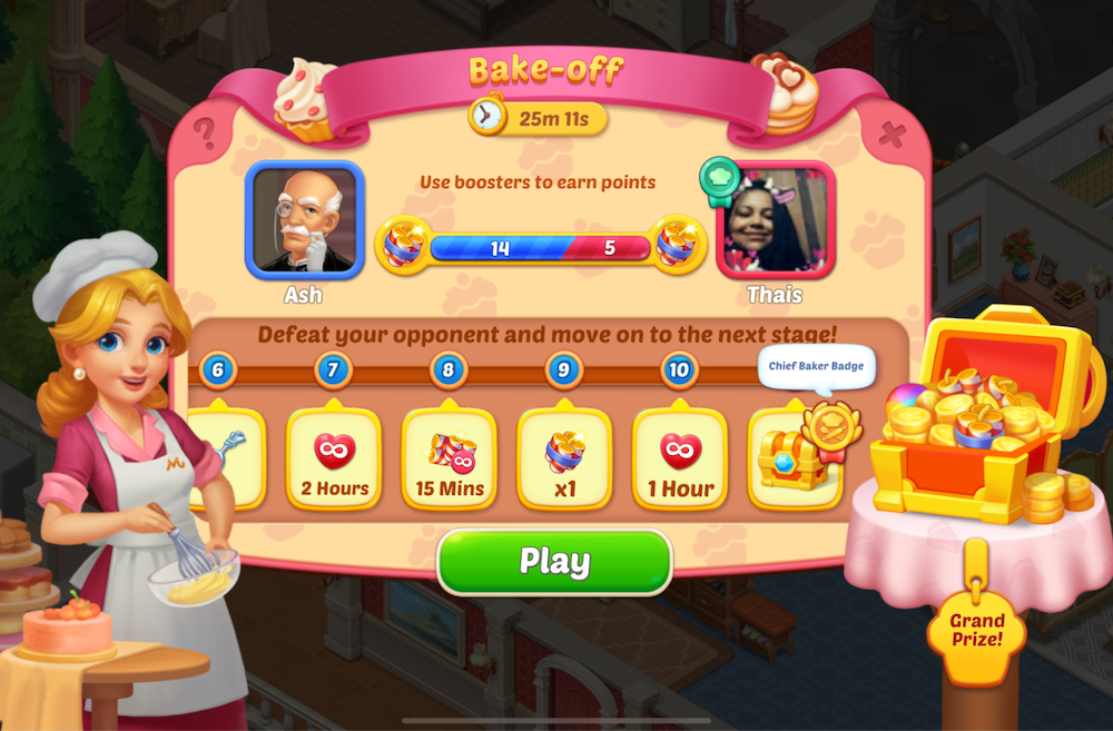 In the Bake-Off event, players compete against an opponent to see who can use the most boosters in normal Match3 levels within a set time limit. The winner will move on to the next stage and be matched against another random opponent
