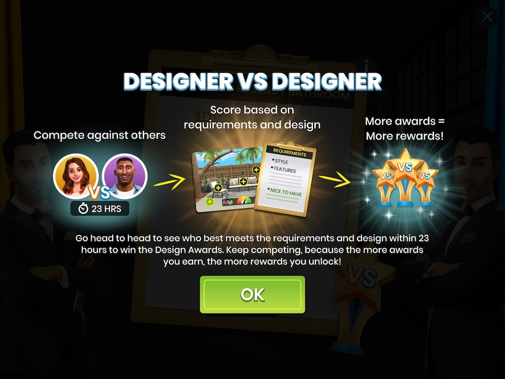 Property Brothers’ Designer Vs. Designer event runs throughout the week, incentivizing players to progress on the main puzzle levels
