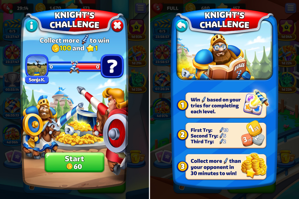 Knight’s Challenge event matches players against a random opponent in a 15-minute head-to-head competition where players who collect more event points from beating levels win. Similar to Toy Blast’s Puzzle Duel, players need to spend soft currency to participate.
