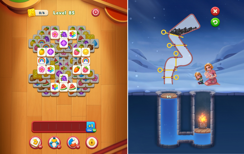 Tile Family’s core gameplay (left) is worlds apart from its fake ad minigame levels (right)
