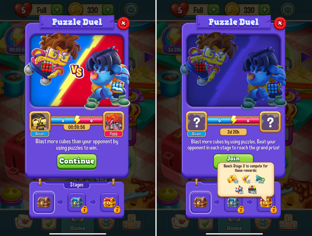Puzzle Duel was added to Toy Blast in July 2023 and runs every Monday to Wednesday, expanding the LiveOps framework
