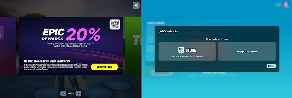 Epic Rewards advertisement and V-Bucks payment options presented in-game