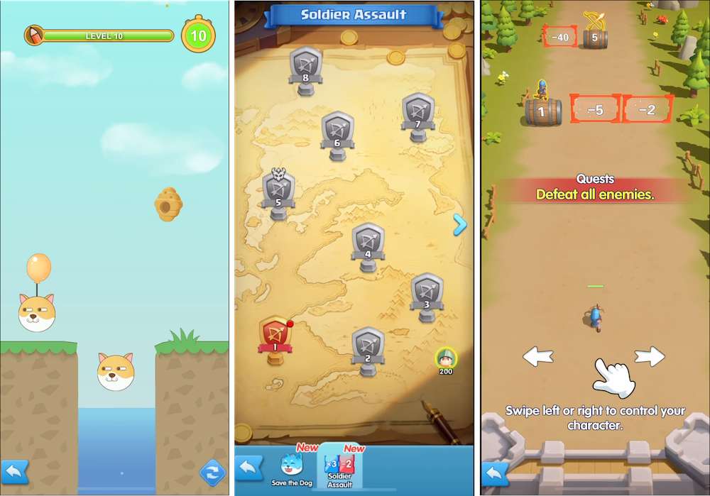 Save-the-Dog and multiplier-gate–style minigame modes
