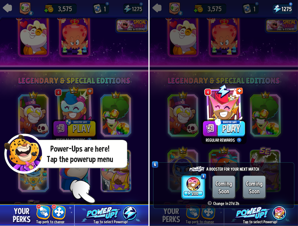 Booster Power-Ups let players temporarily enhance the strength of a single booster for a match/level by spending a new currency, Energy.
