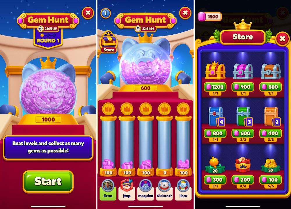 Royal Kingdom Gem Hunt added a competitive element where players compete to win resources that let them complete levels to win rewards
