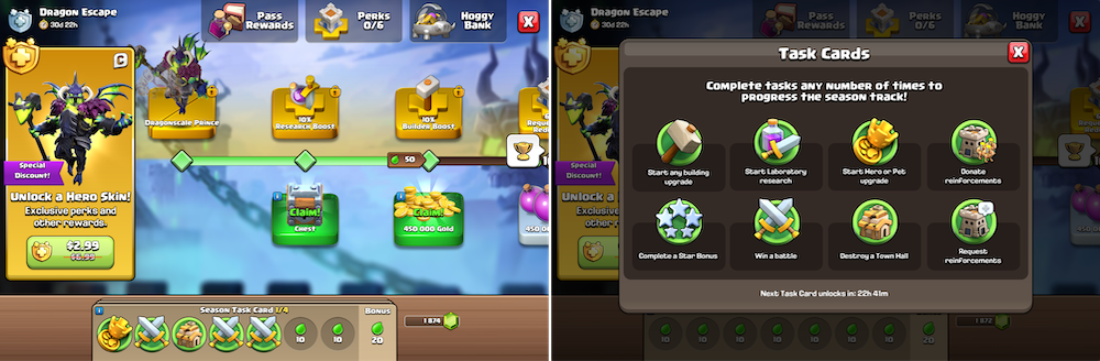 Clash of Clan’s New Season Pass with updated UI, task cards, and rewards
